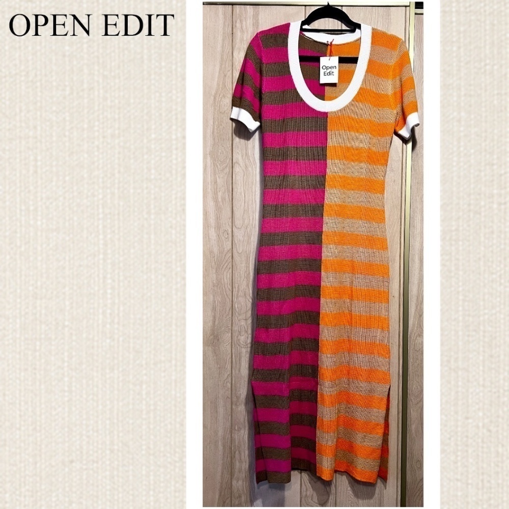 OPEN EDIT Striped ColorBlock Short Sleeve Scoop Neck Sweater Midi Dress NWT/MD - Picture 5 of 14